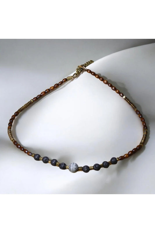 Siyah Lav Taşı, Ahşap ve Bijuteri Boncuklu Erkek Kolye – Doğal Şık Tasarım | 50 cm