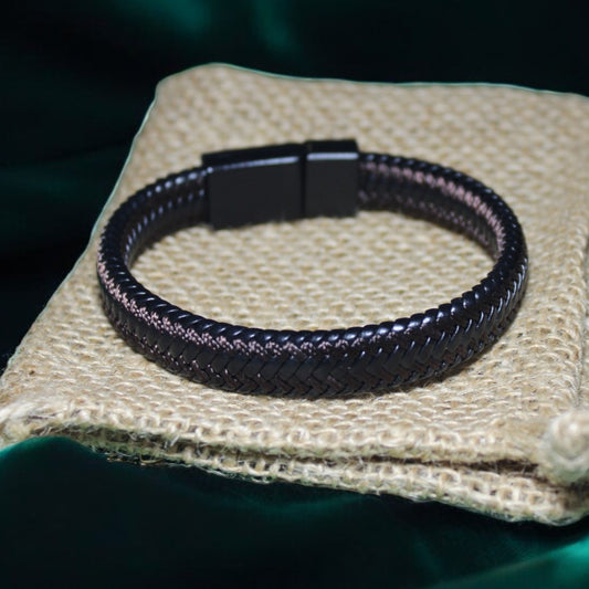 Erkek Deri Bileklik - El Yapımı Hakiki Deri - Siyah Deri Içinde Kahverengi Örgü