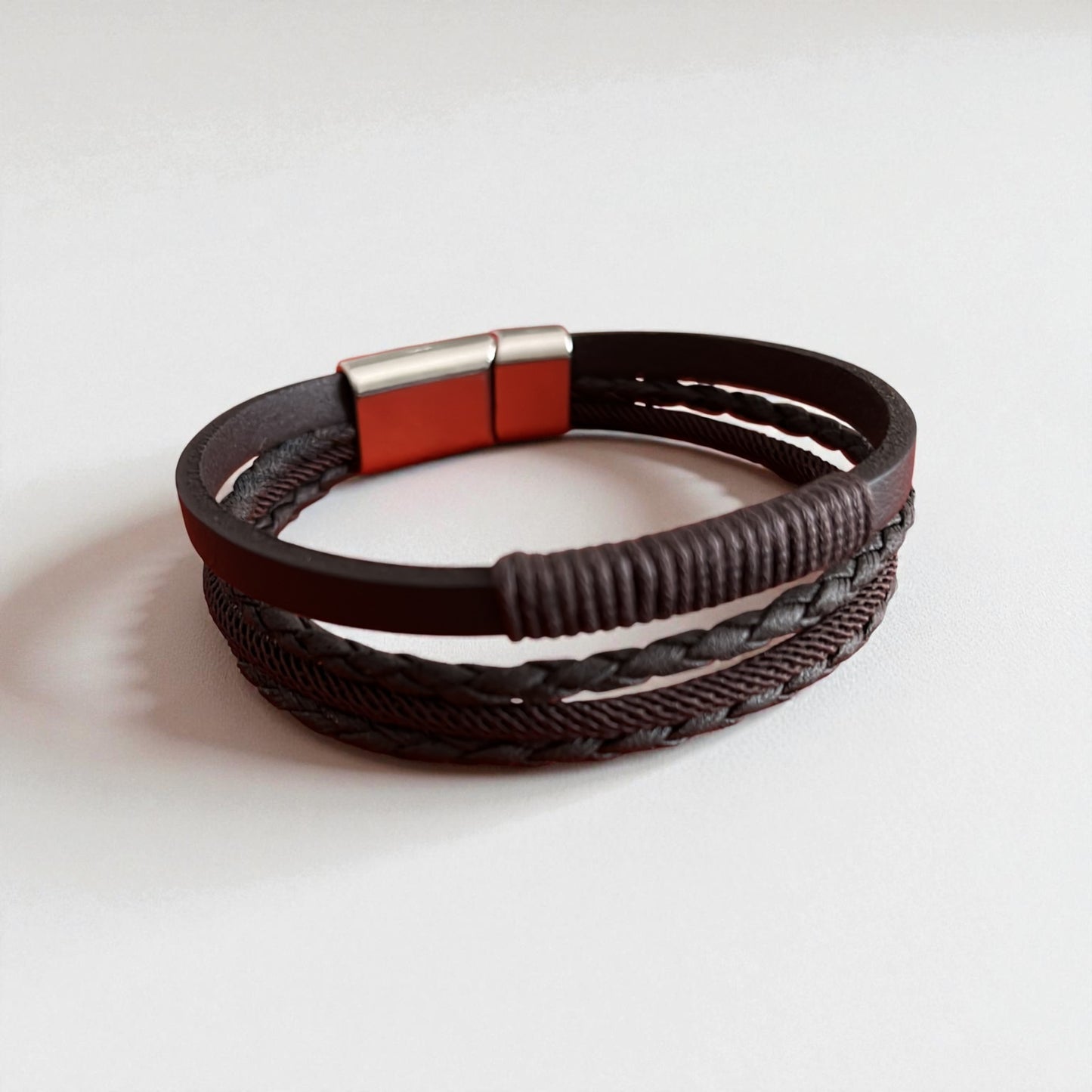 Hakiki Deri Erkek Bileklik | Kahverengi Örgü & İp Sargılı | Mıknatıs Kapama