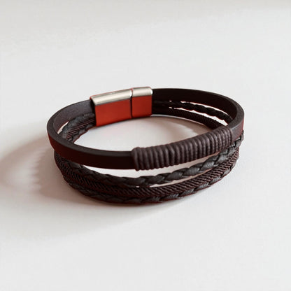 Hakiki Deri Erkek Bileklik | Kahverengi Örgü & İp Sargılı | Mıknatıs Kapama