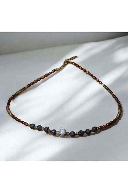 Siyah lav taşı ahşap ve bijuteri boncuklu erkek kolye