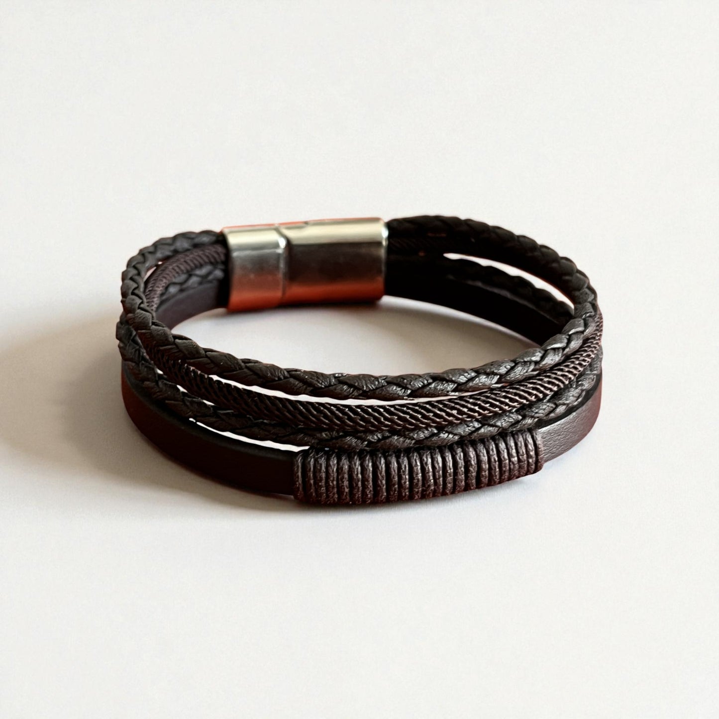 Hakiki Deri Erkek Bileklik | Kahverengi Örgü & İp Sargılı | Mıknatıs Kapama