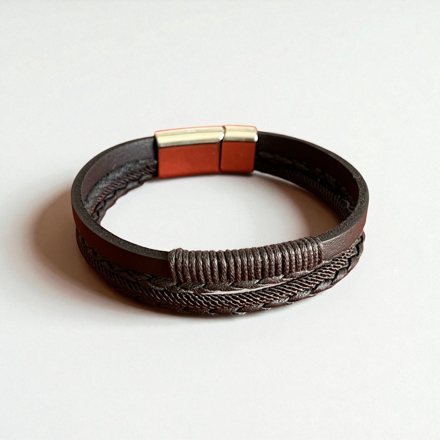 Hakiki Deri Erkek Bileklik | Kahverengi Örgü & İp Sargılı | Mıknatıs Kapama