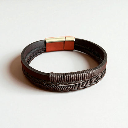 Hakiki Deri Erkek Bileklik | Kahverengi Örgü & İp Sargılı | Mıknatıs Kapama