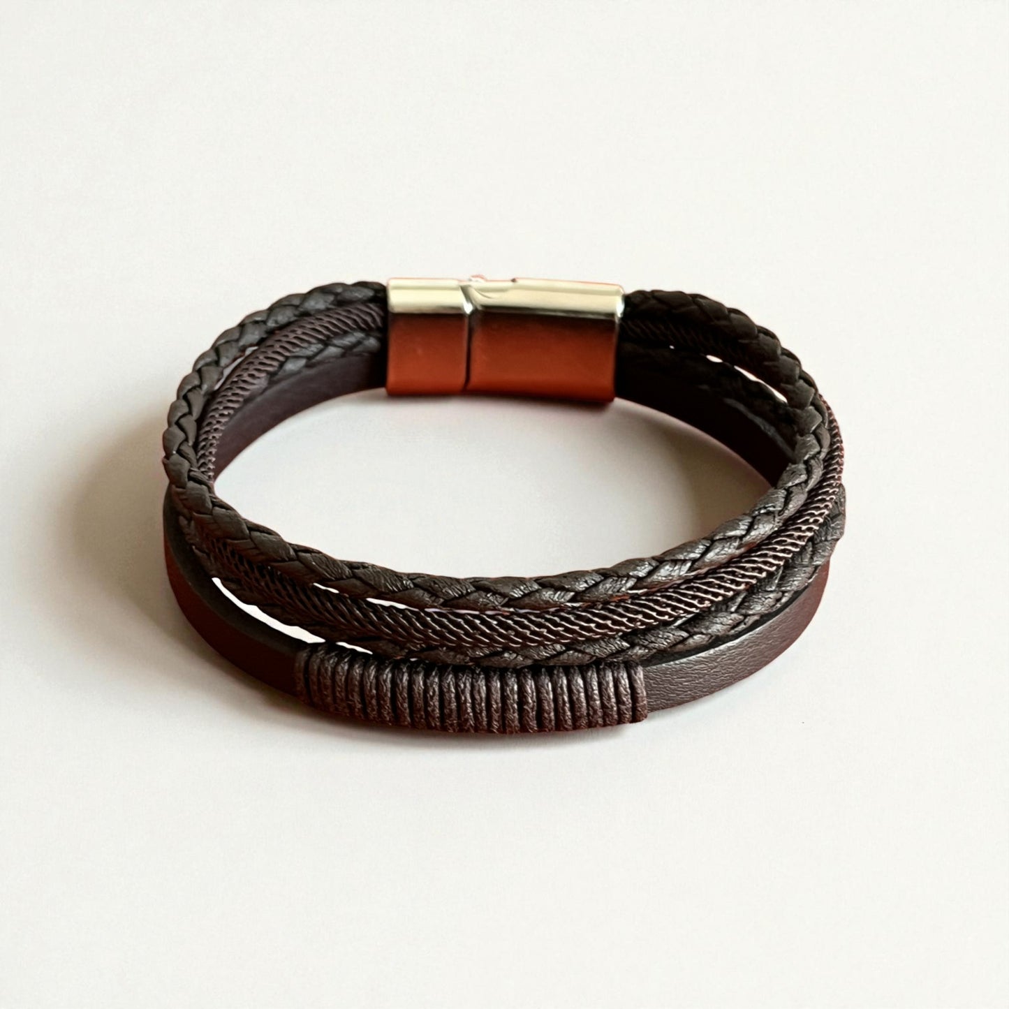 Hakiki Deri Erkek Bileklik | Kahverengi Örgü & İp Sargılı | Mıknatıs Kapama
