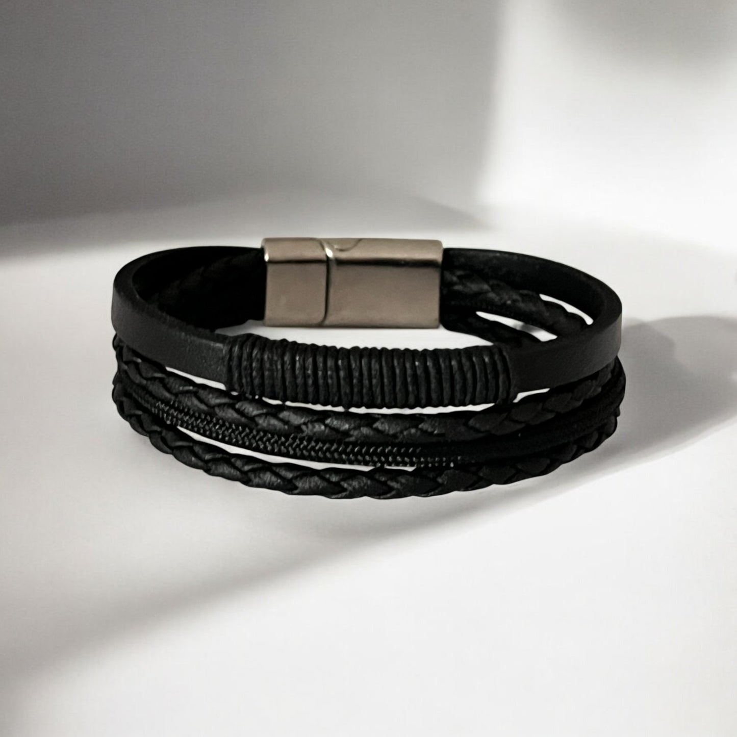 Erkek Deri Bileklik - El Yapımı Hakiki Deri - Siyah Deri Örgü Deri Ve Ip Sargılı 4 Parça