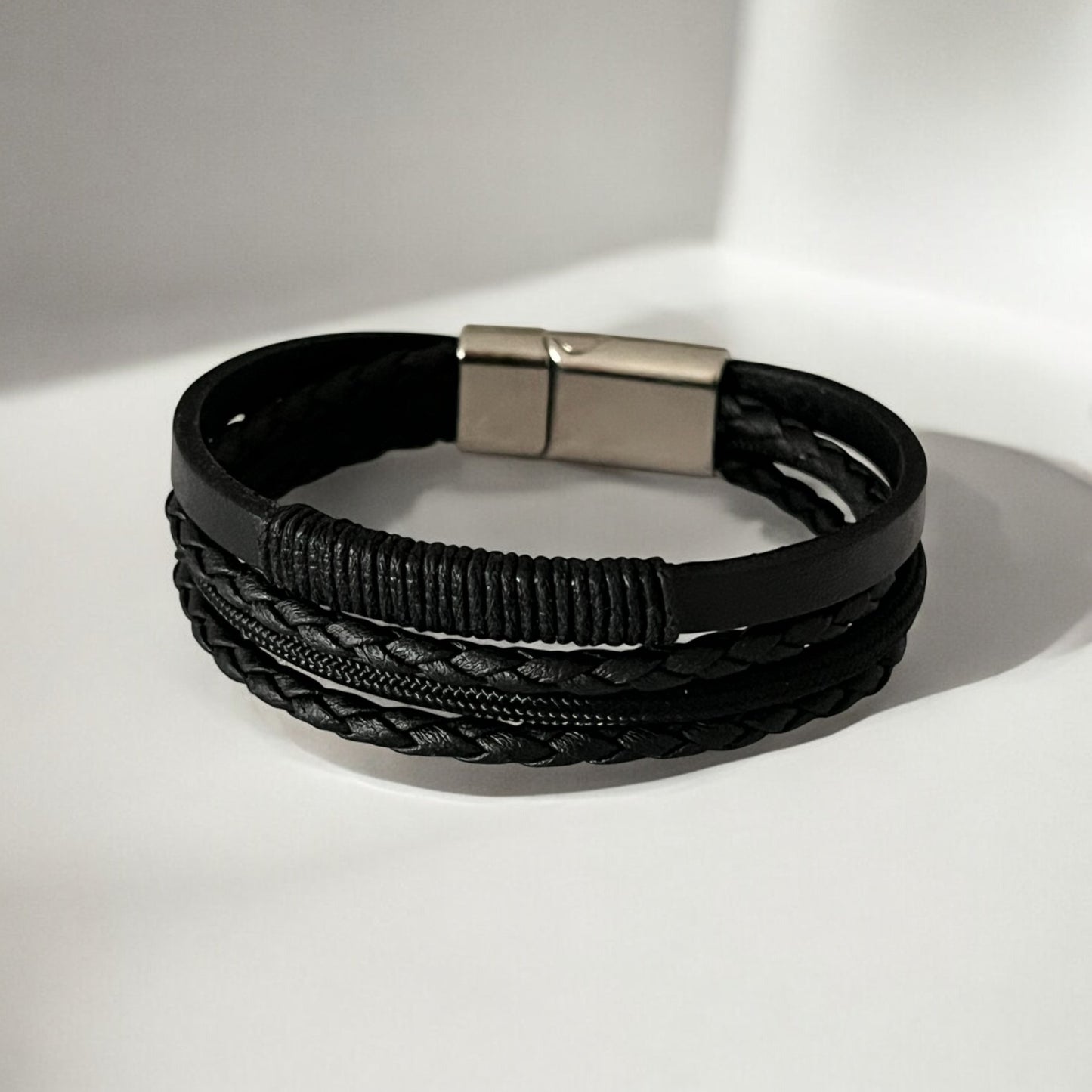 Erkek Deri Bileklik - El Yapımı Hakiki Deri - Siyah Deri Örgü Deri Ve Ip Sargılı 4 Parça