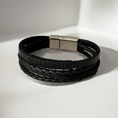 Erkek Deri Bileklik - El Yapımı Hakiki Deri - Siyah Deri Örgü Deri Ve Ip Sargılı 4 Parça
