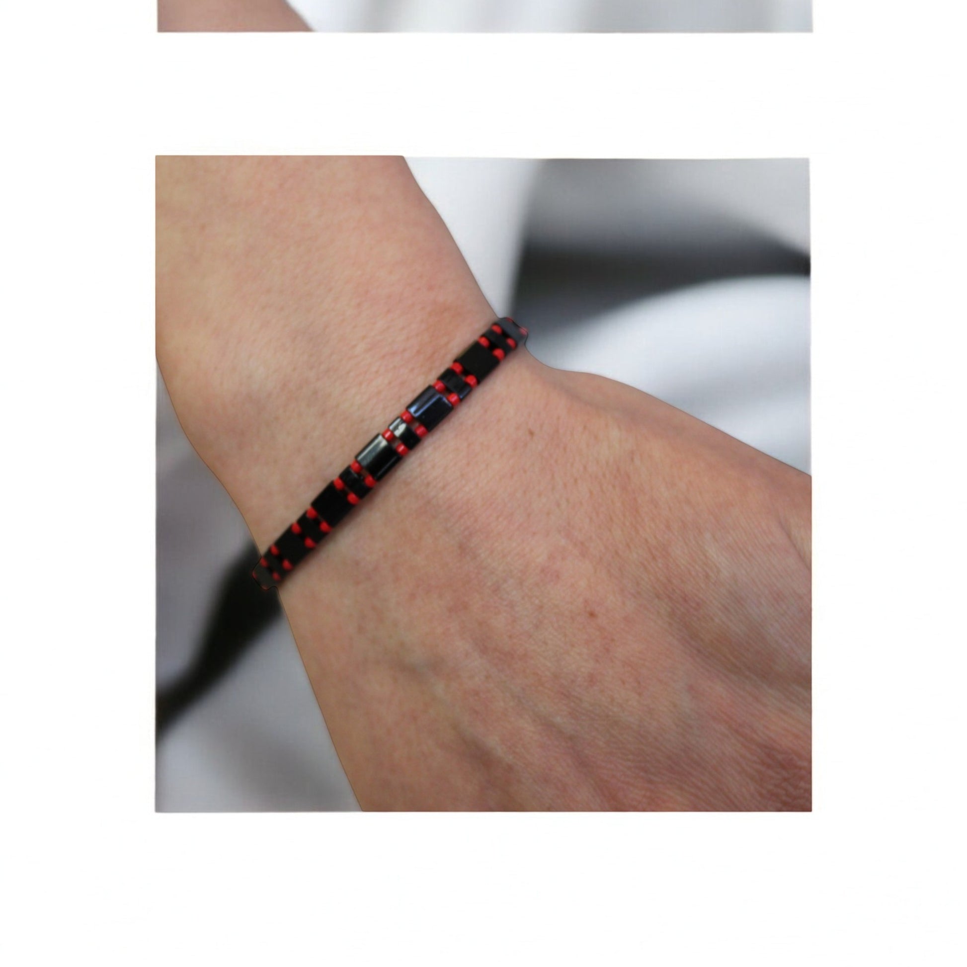 Kırmızı miyuki siyah tila boncuk el yapımı ayarlanabilir unisex bileklik