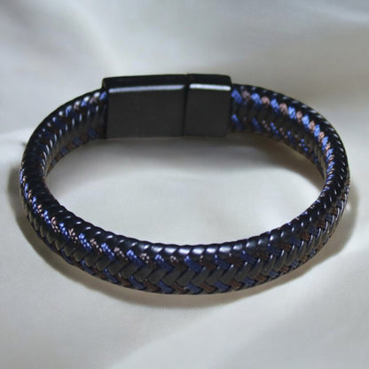 Erkek Deri Bileklik - El Yapımı Hakiki Deri - Siyah Deri içinde Kahverengi Lacivert Örgülü