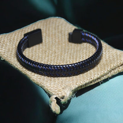 Erkek Deri Bileklik - El Yapımı Hakiki Deri - Siyah Deri içinde Kahverengi Lacivert Örgülü