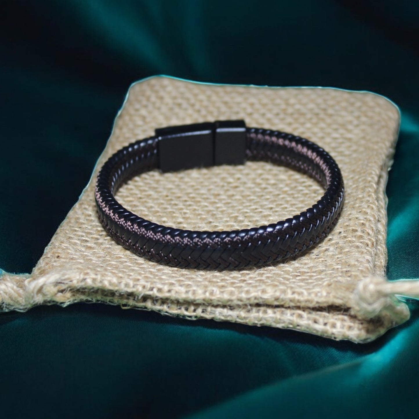 Erkek Deri Bileklik - El Yapımı Hakiki Deri - Siyah Deri Içinde Kahverengi Örgü