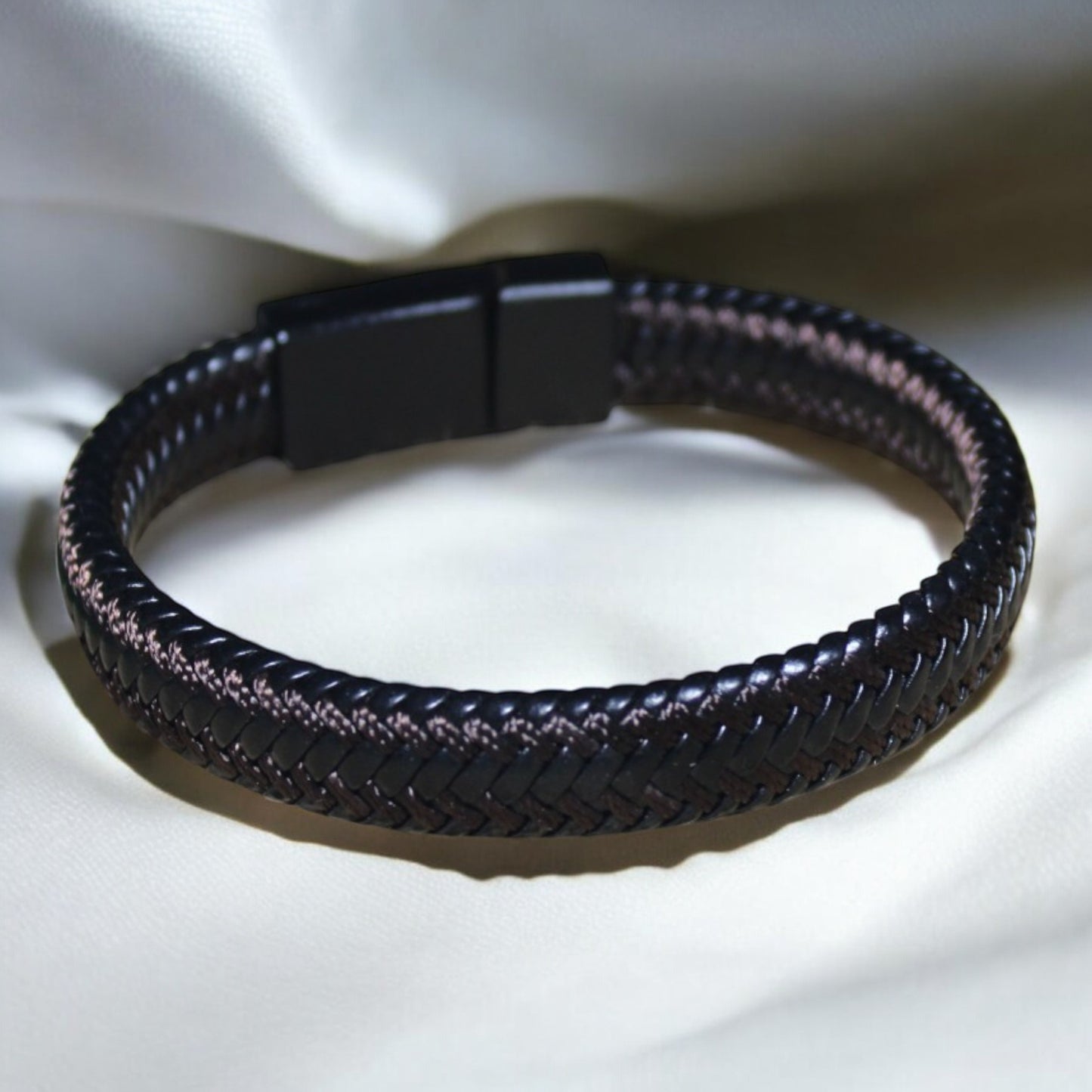 Erkek Deri Bileklik - El Yapımı Hakiki Deri - Siyah Deri Içinde Kahverengi Örgü