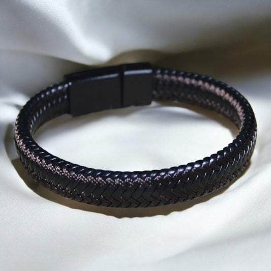 Erkek Deri Bileklik - El Yapımı Hakiki Deri - Siyah Deri Içinde Kahverengi Örgü