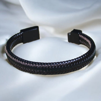 Erkek Deri Bileklik - El Yapımı Hakiki Deri - Siyah Deri Içinde Kahverengi Örgü