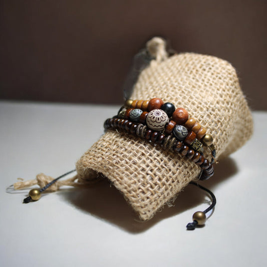 Ahşap ve Metal Boncuk Kombin Salaş Bileklik 3 Parça