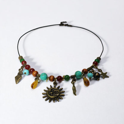 Mistik Sembollü Güneş ve Ay Figürlü Kolye | Cam Boncuklu El Yapımı Ayarlanabilir Tasarım