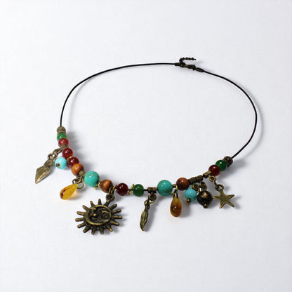 Mistik Sembollü Güneş ve Ay Figürlü Kolye | Cam Boncuklu El Yapımı Ayarlanabilir Tasarım