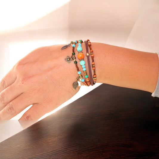 Yaprak - Çiçek figürlü Sonbahar Temalı Renkli Boncuklu Ayarlanabilir Bileklik - Sonbaharın Renkleri