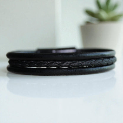 Siyah Erkek Bileklik | Hakiki Deri ve Örgü İp Detaylı, Mıknatıs Kapama, 3 Parça Tasarım, 3 Beden