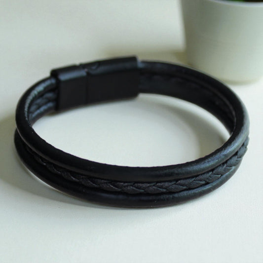 Siyah Erkek Bileklik | Hakiki Deri ve Örgü İp Detaylı, Mıknatıs Kapama, 3 Parça Tasarım, 3 Beden