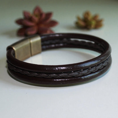 Kahverengi Erkek Bileklik | Hakiki Deri ve Örgü İp Detaylı, Mıknatıs Kapama, 3 Parça Tasarım