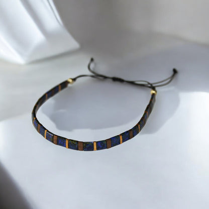 El Yapımı Tila Boncuk Bileklik – Lacivert Altın Antik Sarı – Ayarlanabilir Unisex Tasarım