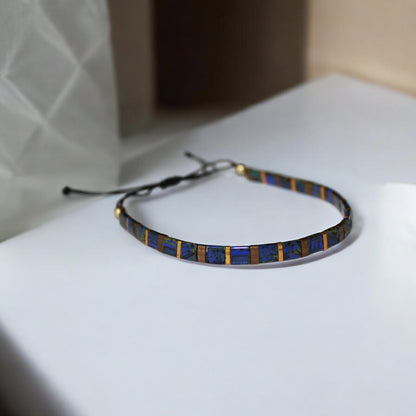 El Yapımı Tila Boncuk Bileklik – Lacivert Altın Antik Sarı – Ayarlanabilir Unisex Tasarım