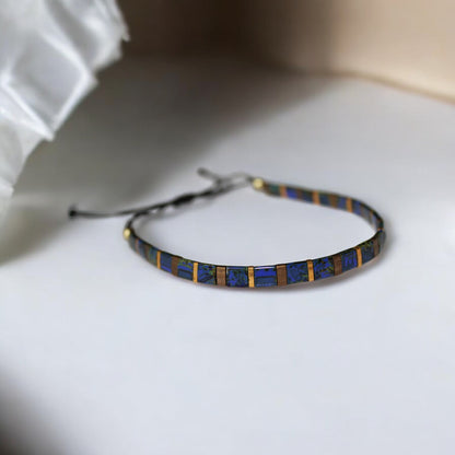 Lacivert altın ve antik sarı renkli tila boncuklu ayarlanabilir unisex bileklik