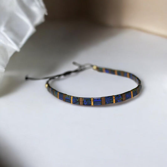 Lacivert altın ve antik sarı renkli tila boncuklu ayarlanabilir unisex bileklik