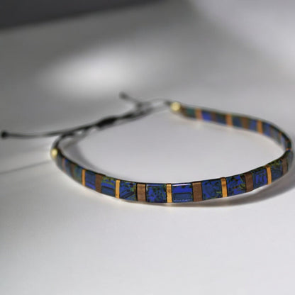 El Yapımı Tila Boncuk Bileklik – Lacivert Altın Antik Sarı – Ayarlanabilir Unisex Tasarım