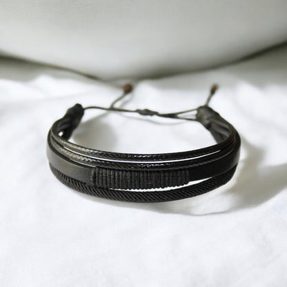 Erkek Siyah Deri Bileklik | İp Sargılı Ayarlanabilir Asansör Kapama