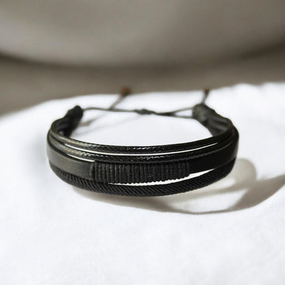 Erkek Siyah Deri Bileklik | İp Sargılı Ayarlanabilir Asansör Kapama