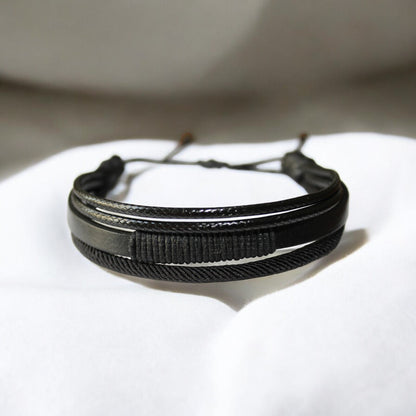 Erkek Siyah Deri Bileklik | İp Sargılı Ayarlanabilir Asansör Kapama