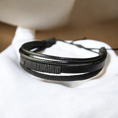 Erkek Siyah Deri Bileklik | İp Sargılı Ayarlanabilir Asansör Kapama