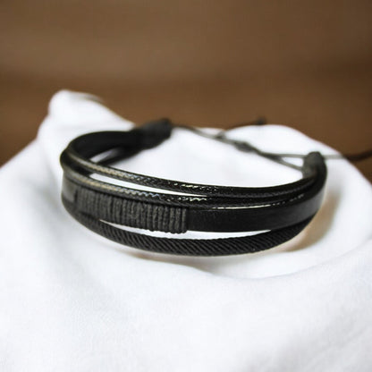 Erkek Siyah Deri Bileklik | İp Sargılı Ayarlanabilir Asansör Kapama