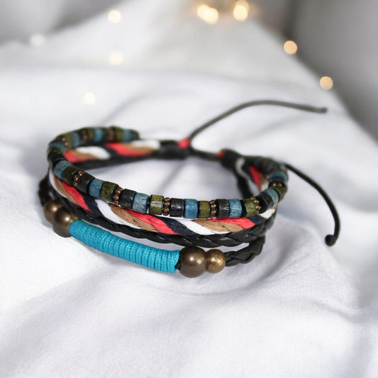 Ahşap Metal Boncuklu Deri ve İp sargılı 4 parça Çok Renkli Sonbahar Temalı Ayarlanabilir Bileklik