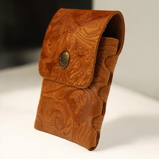 Desenli hakiki deri dikişsiz kartlık, el yapımı kompakt tasarım