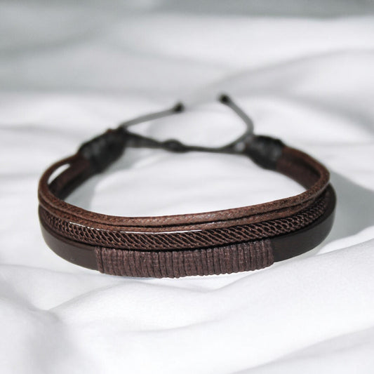 DEHNA kahverengi erkek bileklik deri ve pamuk ip detaylı ayarlanabilir tasarım