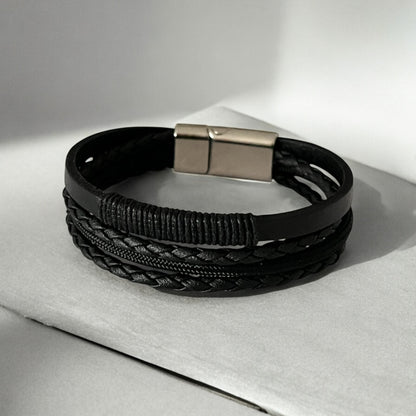 Erkek Deri Bileklik - El Yapımı Hakiki Deri - Siyah Deri Örgü Deri Ve Ip Sargılı 4 Parça