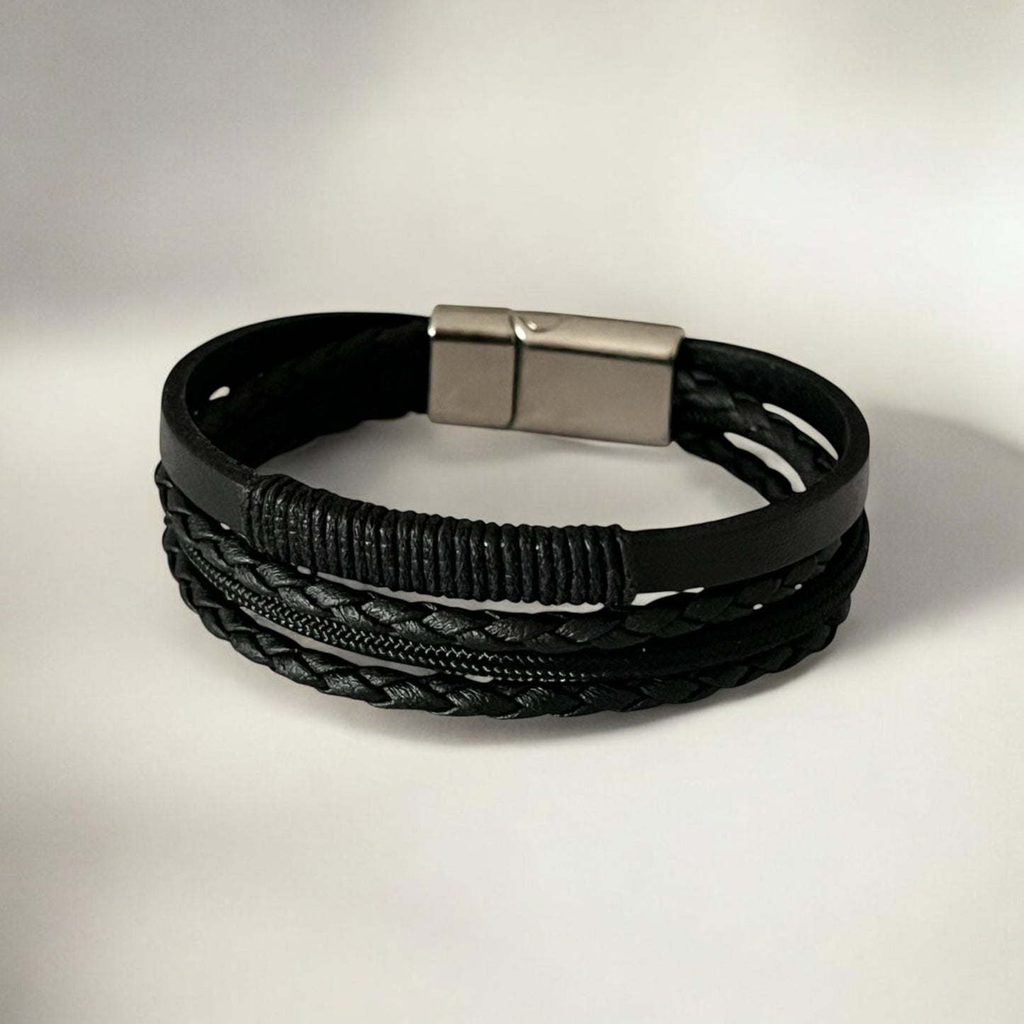 Erkek Deri Bileklik - El Yapımı Hakiki Deri - Siyah Deri Örgü Deri Ve Ip Sargılı 4 Parça