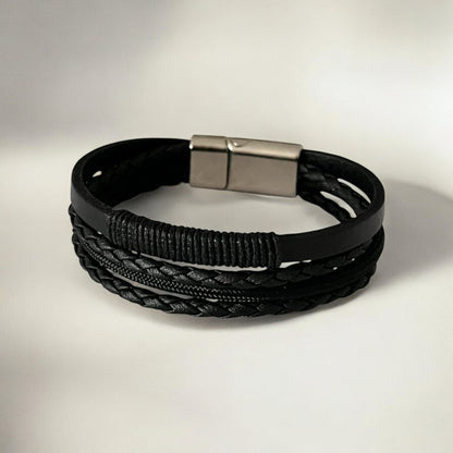 Erkek Deri Bileklik - El Yapımı Hakiki Deri - Siyah Deri Örgü Deri Ve Ip Sargılı 4 Parça