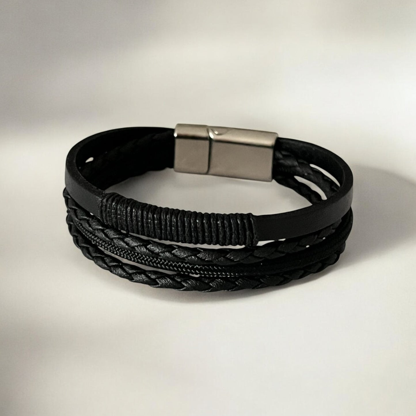 Erkek Deri Bileklik - El Yapımı Hakiki Deri - Siyah Deri Örgü Deri Ve Ip Sargılı 4 Parça