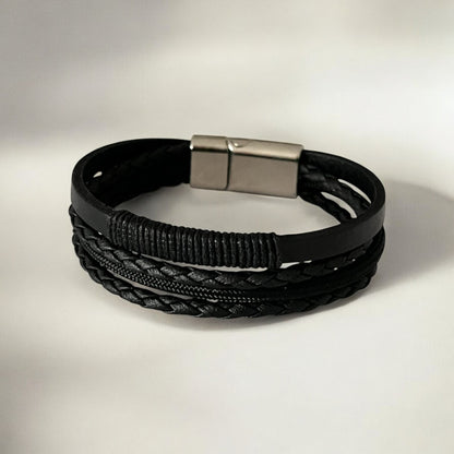 Erkek Deri Bileklik - El Yapımı Hakiki Deri - Siyah Deri Örgü Deri Ve Ip Sargılı 4 Parça