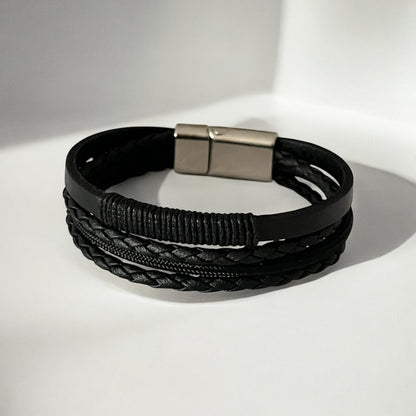 Erkek Deri Bileklik - El Yapımı Hakiki Deri - Siyah Deri Örgü Deri Ve Ip Sargılı 4 Parça
