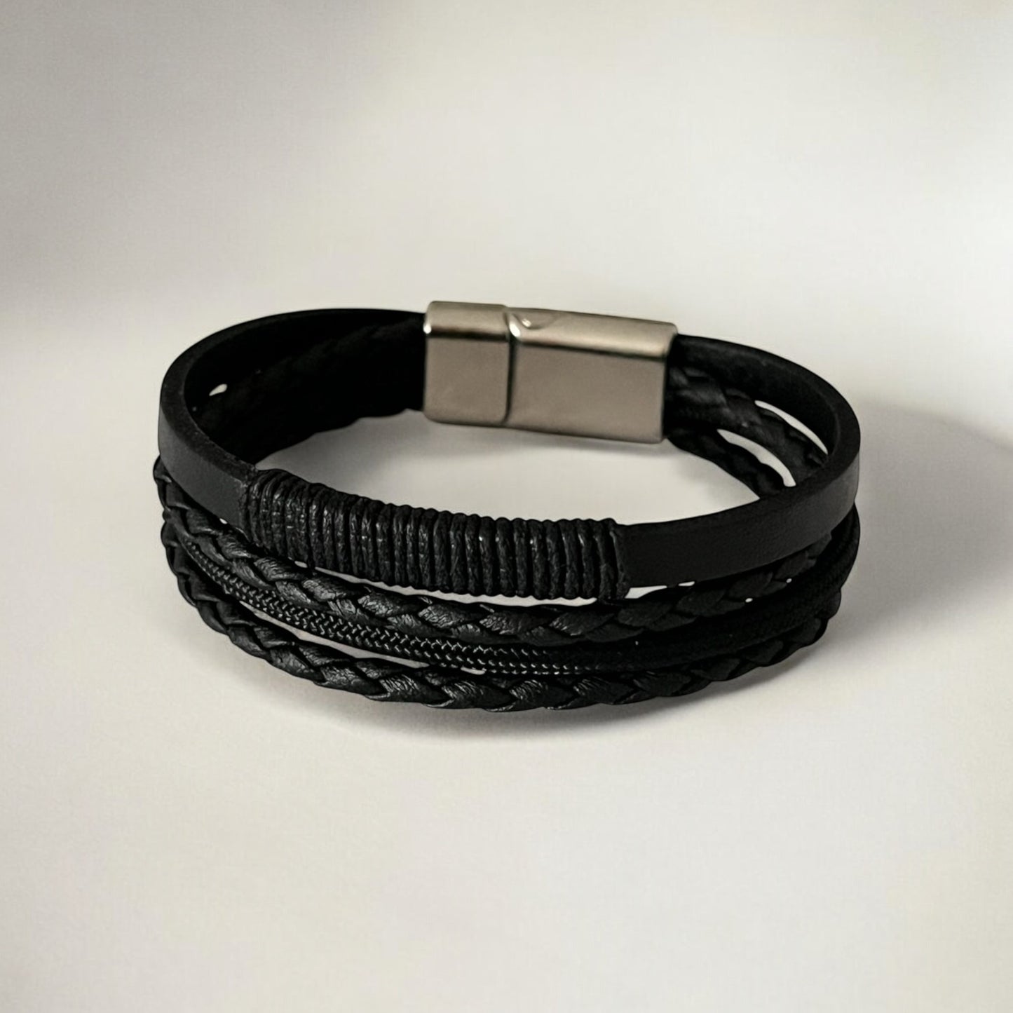 Erkek Deri Bileklik - El Yapımı Hakiki Deri - Siyah Deri Örgü Deri Ve Ip Sargılı 4 Parça