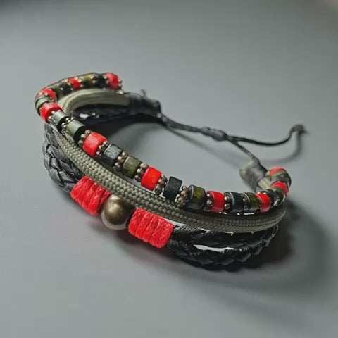 Unisex Bohem Kombin Bileklik Ahşap ve Bijuteri Boncuklu Haki Kırmızı Yılbaşı Hediyesi