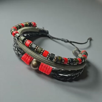 Unisex Bohem Kombin Bileklik Ahşap ve Bijuteri Boncuklu Haki Kırmızı Yılbaşı Hediyesi